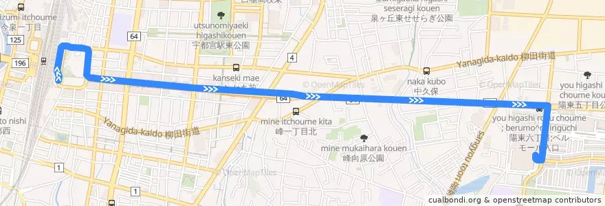 Mapa del recorrido 関東自動車バス 宇都宮駅東口⇒ベルモール de la línea  en Utsunomiya.