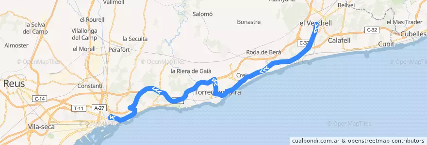 Mapa del recorrido e1: El Vendrell - Torredembarra - Tarragona de la línea  en Tarragonès.