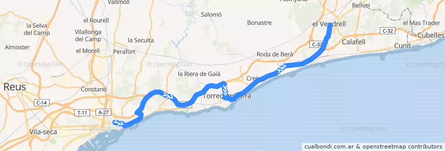 Mapa del recorrido e1: Tarragona - Torredembarra - El Vendrell de la línea  en Tarragonès.