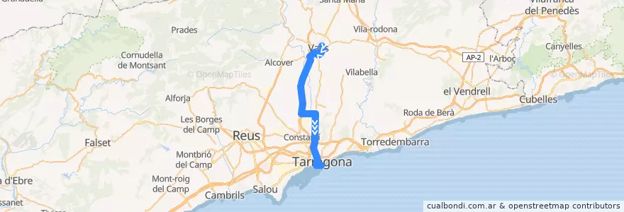 Mapa del recorrido e2: Valls - Tarragona de la línea  en Tarragona.