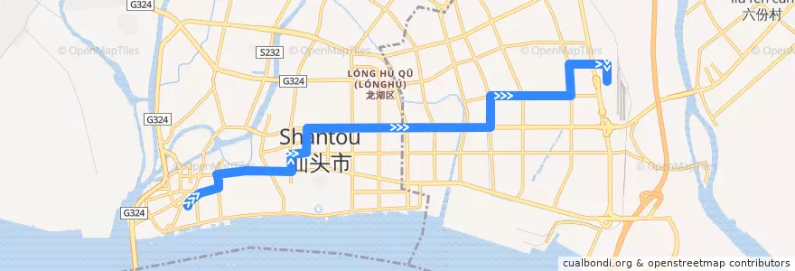 Mapa del recorrido 2路（汕头开埠文化馆→火车站） de la línea  en 산터우시.