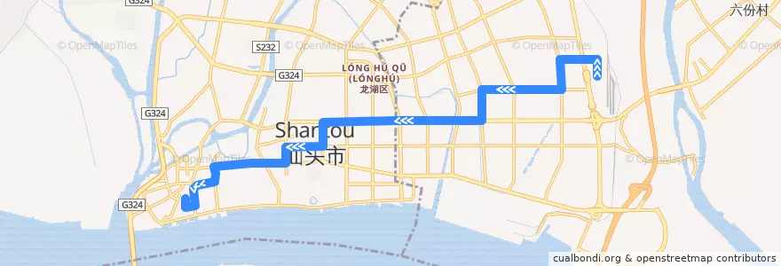 Mapa del recorrido 2路（火车站→汕头开埠文化馆） de la línea  en Шаньтоу.