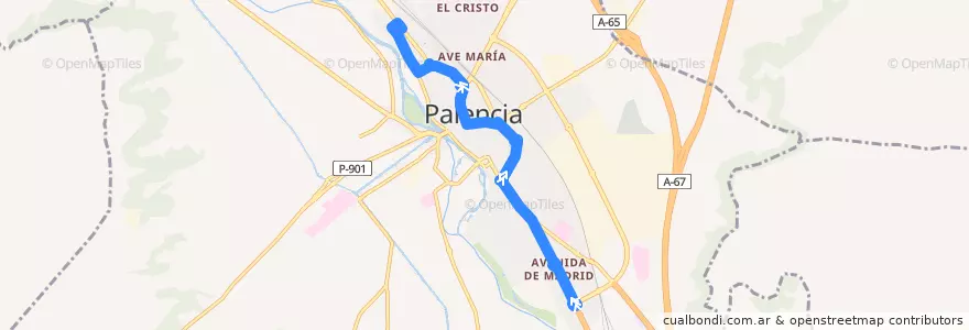 Mapa del recorrido Línea 1: Campus Universitario → San Antonio de la línea  en Palencia.