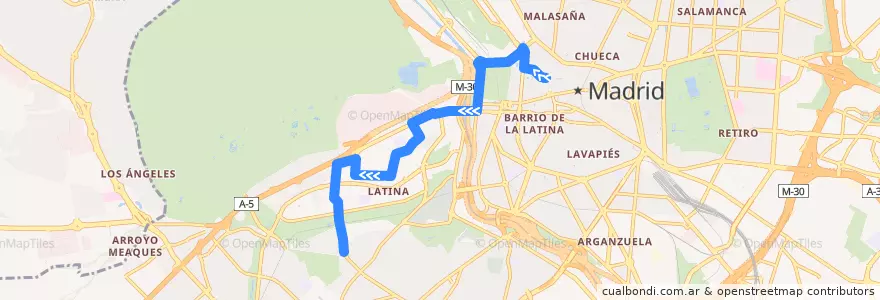 Mapa del recorrido Bus 500: Ópera → Glorieta de los Cármenes de la línea  en Madrid.