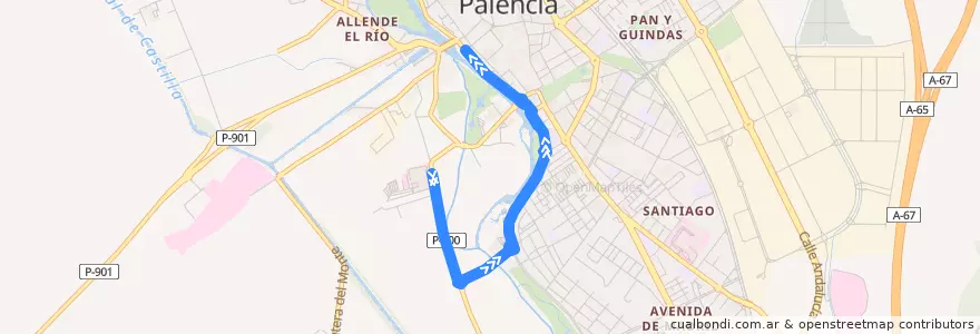 Mapa del recorrido Línea 3: Hospital Río Carrión → San Telmo de la línea  en Palencia.