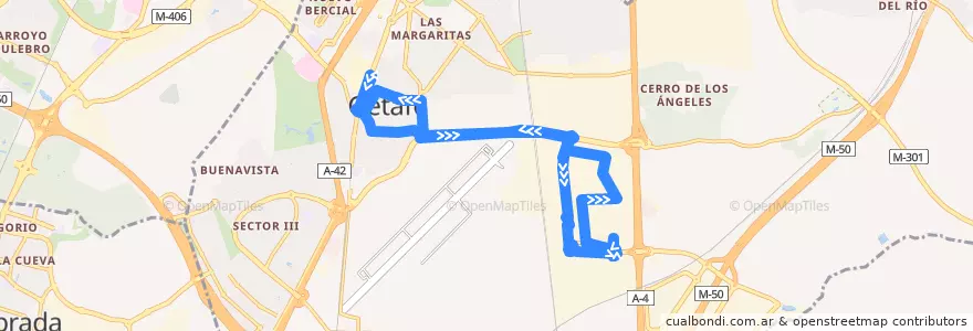 Mapa del recorrido Getafe Central-P.I. San Marcos-P.I. El Lomo-P.E. La Carpetanía de la línea  en Getafe.