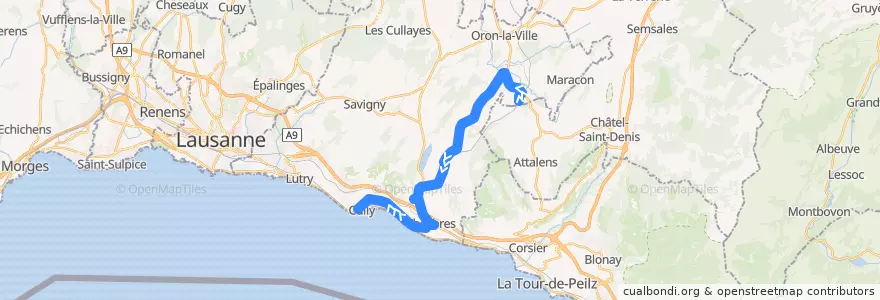 Mapa del recorrido Car Postal Palézieux, gare => Cully, gare de la línea  en District de Lavaux-Oron.