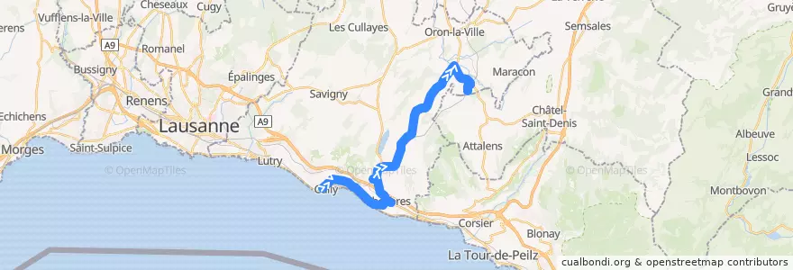 Mapa del recorrido Car Postal Cully, gare => Palézieux, gare de la línea  en District de Lavaux-Oron.