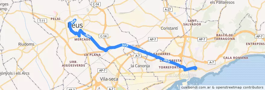Mapa del recorrido e4: Reus - Tarragona de la línea  en Tarragona.