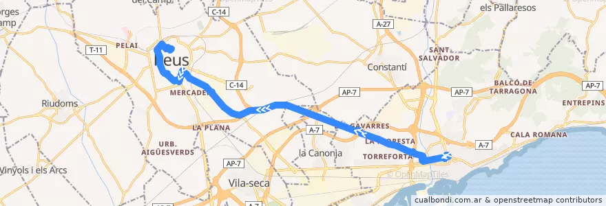 Mapa del recorrido e4: Tarragona - Reus de la línea  en Tarragone.