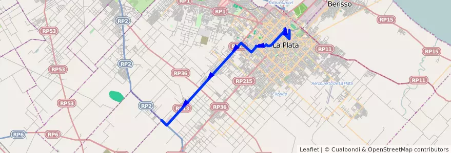 Mapa del recorrido 83 de la línea Oeste en Partido de La Plata.