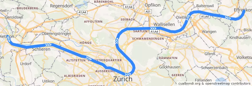 Mapa del recorrido S19: Dietikon –> Effretikon de la línea  en Zürich.
