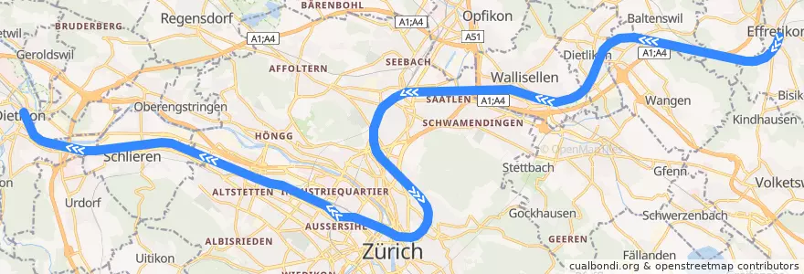 Mapa del recorrido S19: Effretikon –> Dietikon de la línea  en Zurigo.