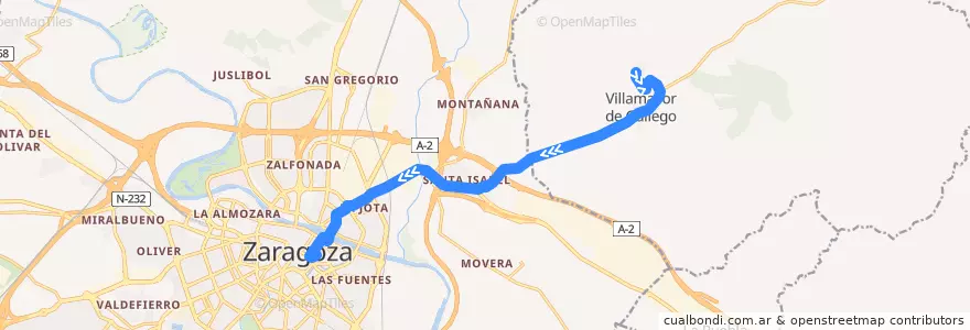 Mapa del recorrido Bus 210: Villamayor => Zaragoza de la línea  en Zaragoza.