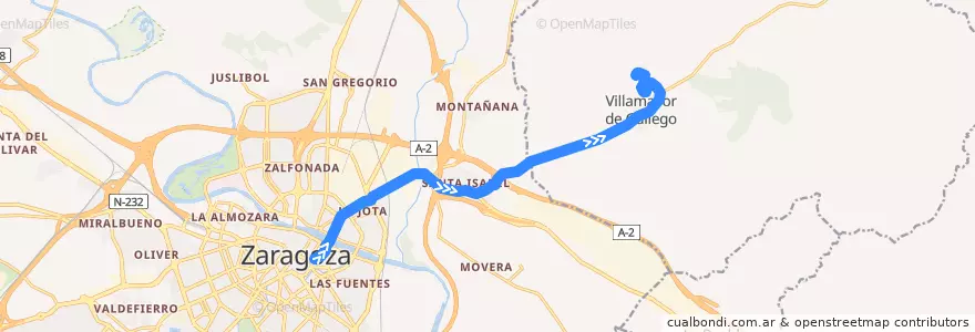 Mapa del recorrido Bus 210: Zaragoza => Villamayor de la línea  en Zaragoza.