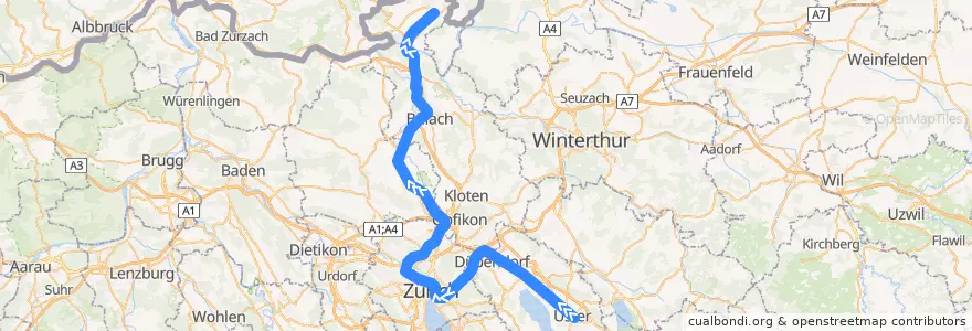 Mapa del recorrido S9: Uster –> Rafz de la línea  en チューリッヒ.