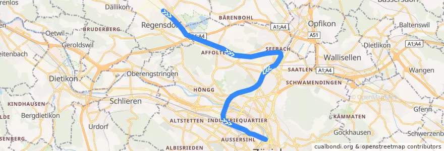 Mapa del recorrido S21: Regensdorf-Watt –> Zürich HB de la línea  en Zurigo.