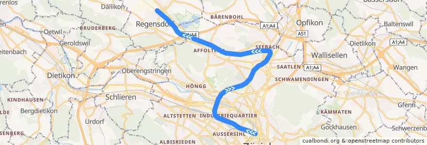 Mapa del recorrido S21: Zürich HB –> Regensdorf-Watt de la línea  en Zurigo.