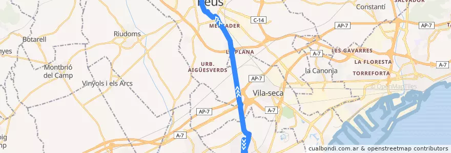 Mapa del recorrido e5: Salou - Reus de la línea  en Tarragona.