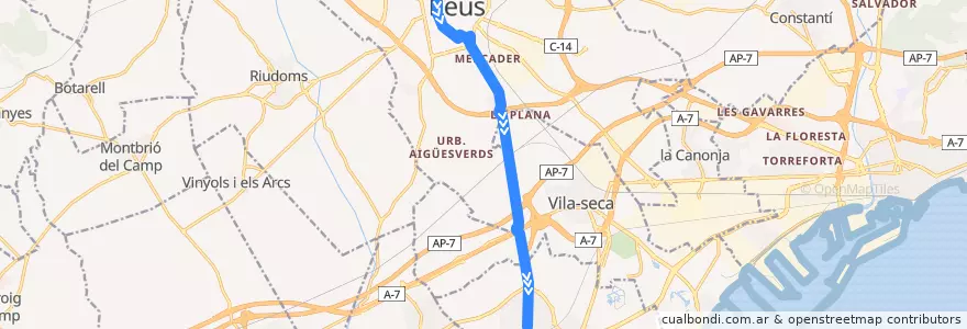 Mapa del recorrido e5: Reus - Salou de la línea  en Tarragona.
