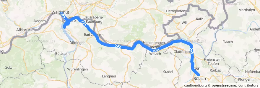 Mapa del recorrido S36: Waldshut –> Bülach de la línea  en Schweiz/Suisse/Svizzera/Svizra.