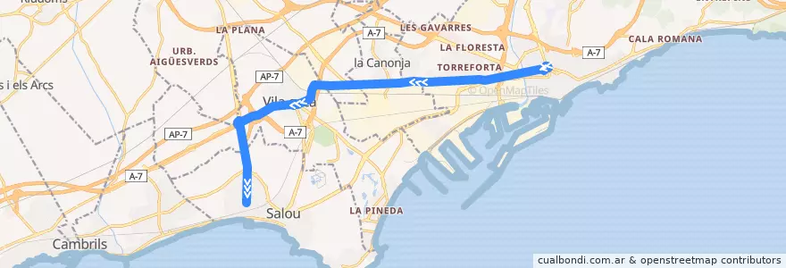 Mapa del recorrido e6: Tarragona - Vila-seca - Salou de la línea  en Tarragonès.