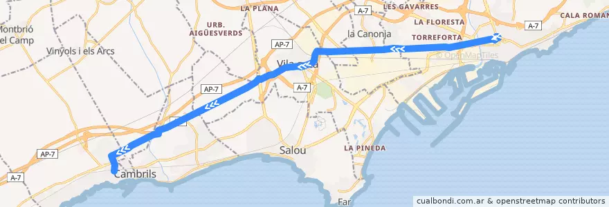 Mapa del recorrido e7: Tarragona - Cambrils de la línea  en Таррагона.