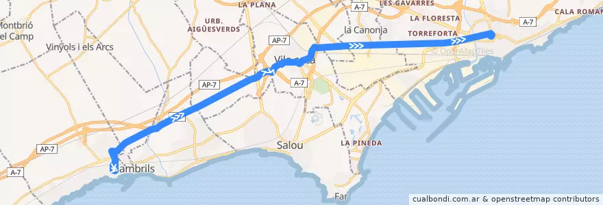 Mapa del recorrido e7: Cambrils - Tarragona de la línea  en Tarragona.
