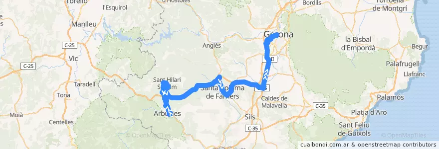 Mapa del recorrido e5: Arbúcies - Girona de la línea  en Selva.