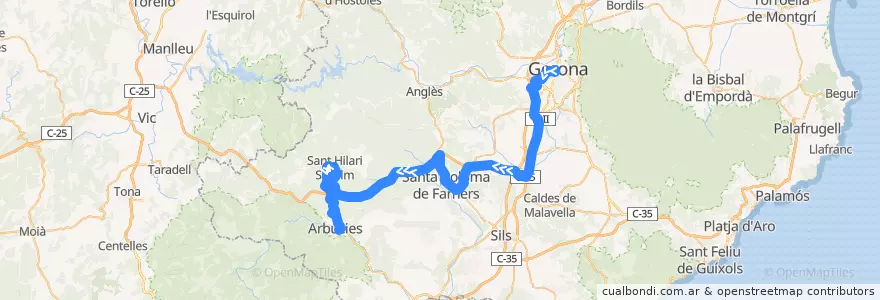 Mapa del recorrido e5: Girona - Arbúcies de la línea  en Selva.