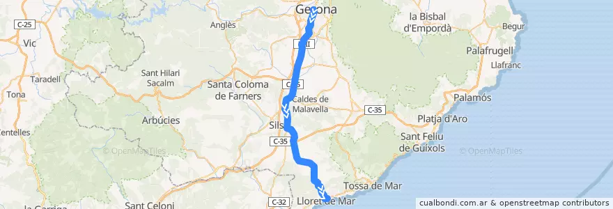 Mapa del recorrido e4: Girona - Vidreres - Lloret de Mar de la línea  en Girona.
