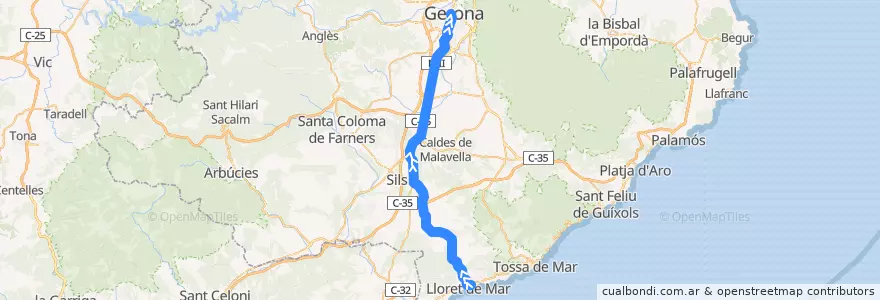 Mapa del recorrido e4: Lloret de Mar - Vidreres - Girona de la línea  en Girona.