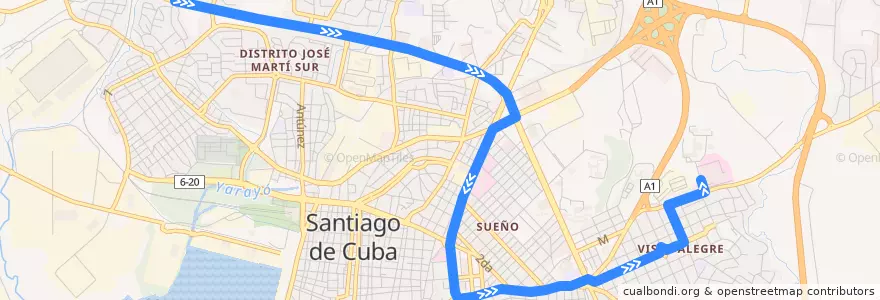 Mapa del recorrido Ruta P5 Hosp. Clin. Quirurgico->Dist. J. Martí de la línea  en Ciudad de Santiago de Cuba.