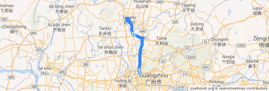 Mapa del recorrido 702路(机场路总站-花都客运站总站) de la línea  en Guangzhou City.