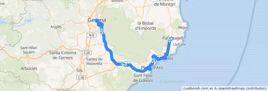 Mapa del recorrido e3: Palafrugell - Palamós - Girona de la línea  en Girona.