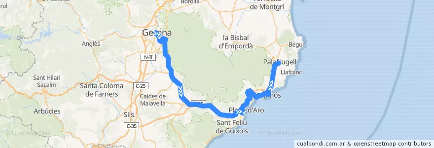 Mapa del recorrido e3: Girona - Palamós - Palafrugell de la línea  en Girona.