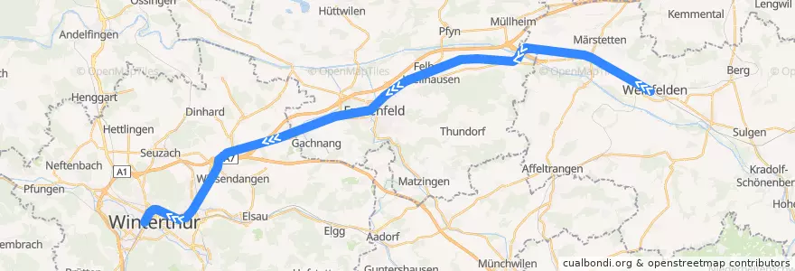 Mapa del recorrido S30: Weinfelden –> Winterthur de la línea  en İsviçre.