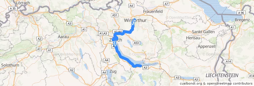 Mapa del recorrido S8: Winterthur –> Pfäffikon SZ de la línea  en チューリッヒ.
