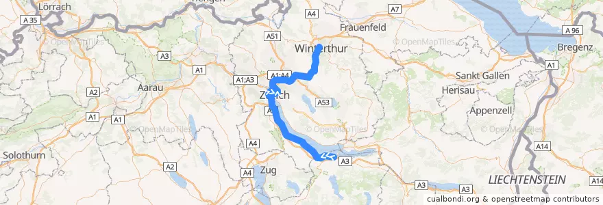 Mapa del recorrido S8: Pfäffikon SZ –> Winterthur de la línea  en Zúrich.
