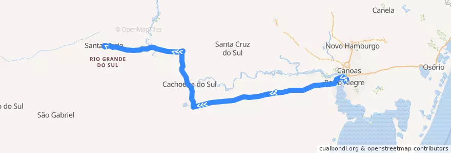 Mapa del recorrido Porto Alegre → Santa Maria via Cachoeira do Sul de la línea  en Rio Grande do Sul.