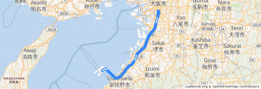 Mapa del recorrido 特急ラピート de la línea  en Prefectura de Osaka.