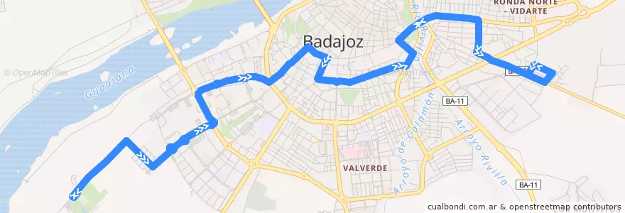 Mapa del recorrido Bus 7: La Granadilla-Barriada de San Miguel de la línea  en Badajoz.