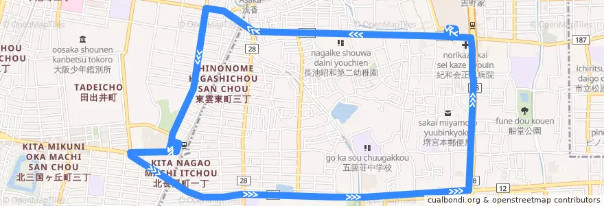 Mapa del recorrido 30左: 北花田線・左回り de la línea  en 堺市.