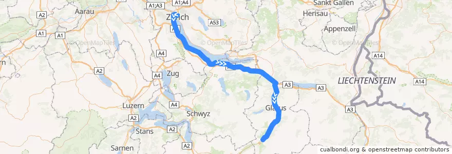 Mapa del recorrido S25: Zürich HB => Linthal de la línea  en Suiza.