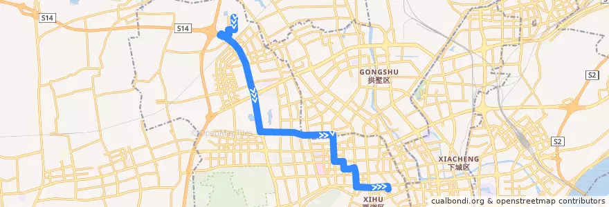 Mapa del recorrido 37路快线 吉鸿家园→松木场河西 de la línea  en Xihu District.