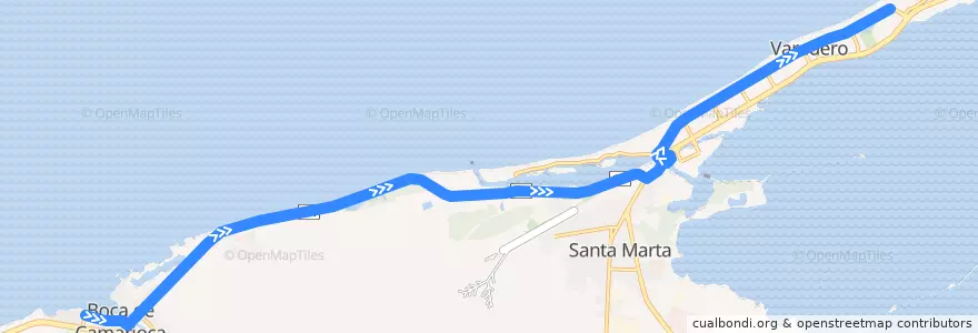 Mapa del recorrido Boca Camariocas-Varadero de la línea  en Cárdenas.