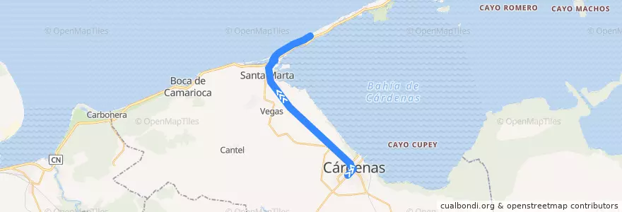 Mapa del recorrido Cardenas-Varadero de la línea  en Cárdenas.