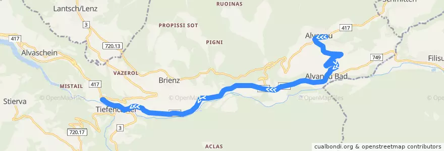 Mapa del recorrido Bus 572: Alvaneu Dorf, Dorfplatz => Tiefencastel, Bahnhof de la línea  en Albula/Alvra.
