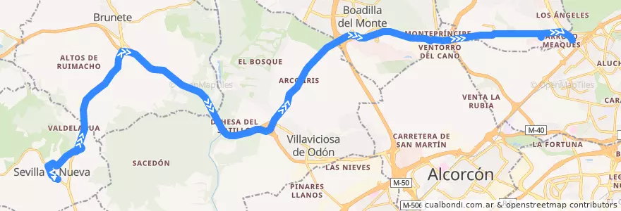 Mapa del recorrido Línea 532: Sevilla La Nueva - Madrid (Colonia Jardín) de la línea  en Comunidade de Madrid.