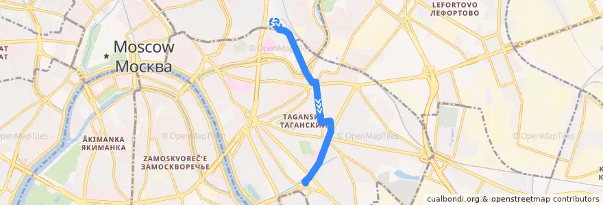 Mapa del recorrido Трамвай 20п: Курский вокзал => Метро «Пролетарская» de la línea  en Таганский район.